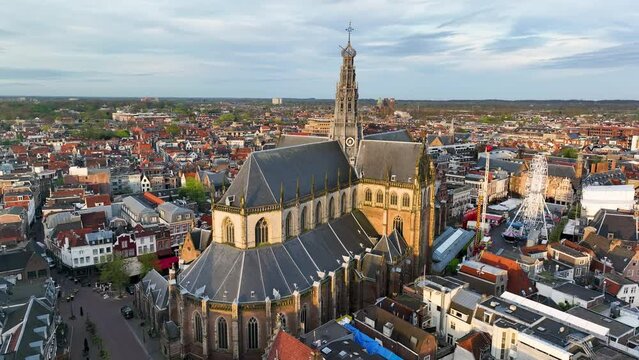 Aerial view on a small town Haarlem, Netherlands. Filming from the air with a drone at Dutch