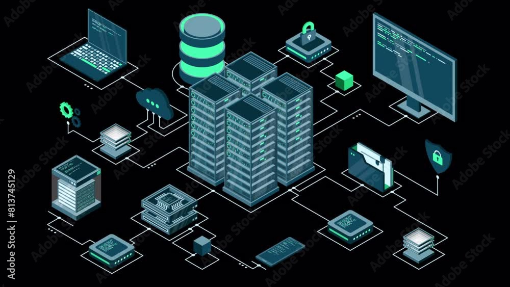 Poster Isometric computer technology animation. Computation of big data center. Cloud computing. Online devices upload and download information. Transparent background with alpha channel