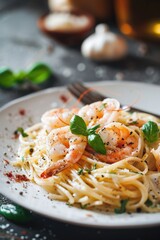 close up of spaghetti with shrimps. selective focus