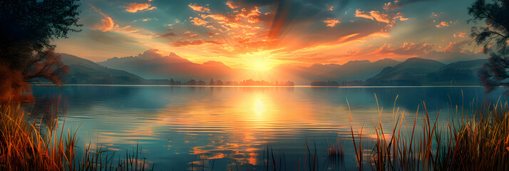 Serene Lake Sunset: The sun sets over a calm lake, casting golden hues  reflections in the water
