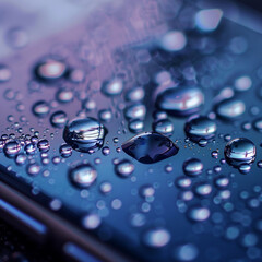 Glistening dewdrops adorn the surface of a modern smartphone.