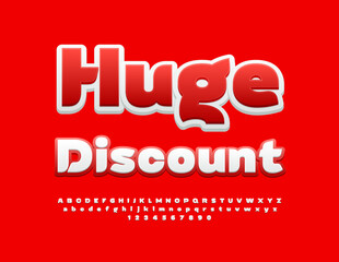 Vector advertising badge Huge Discount. White and Red Bright Font. Modern Alphabet Letters and Numbers set.