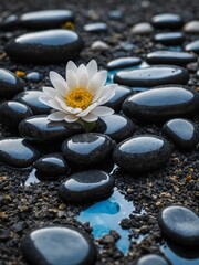 White flower with yellow center blossoms amidst dark, wet stones. Contrast between delicate petals, solid, glossy stones striking. Water surrounds stones, reflecting sky.
