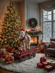 Warmly lit room exudes cozy atmosphere, adorned with christmas decorations. Large christmas tree stands tall, its lights casting gentle glow. Wooden cart carries white rocking horse.