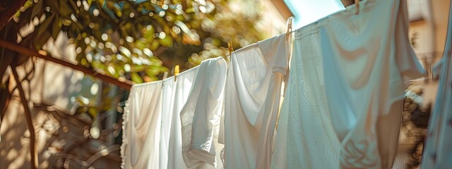 washed clothes are dried on a line. selective focus
