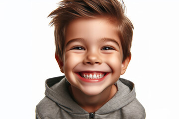 funny kid with a big smile and big teeth isolated on a white background