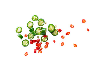 Red and green chili slices isolated on white background, top view