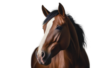 Horse face on isolated transparent background PNG. Beautiful horse a on white background with space for text. Space for copying. Stallion brown. Concept animals. Social media, presentation, website