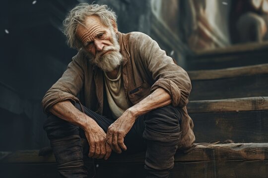 Thoughtful senior male with a weathered expression sitting on wooden steps outside - Powered by Adobe
