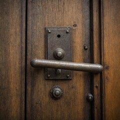 Fototapeta premium Rustic metal door handle on aged wooden door, showcasing textures, details that hint at frequent use, exposure to elements. Handle mounted on rectangular backplate with visible screws.