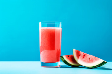Fresh watermelon juice or smoothie in glasses, watermelon slices on blue background. Refreshing summer drink. Copy space