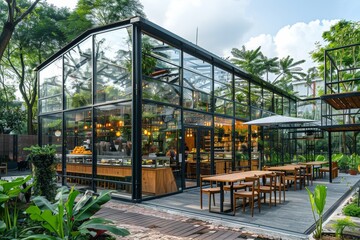 A large glass building with a green roof and a patio area with tables and chairs