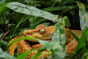 Close-up of a pit viper snake in the grass.