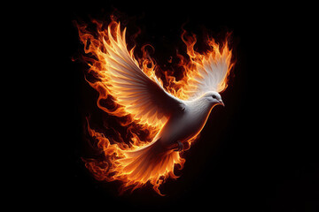Flying dove in flames isolated on black background