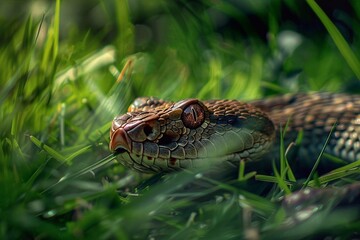 Close up of the head of a snake in the green grass.