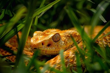 Close-up of the head of a yellow viper in the grass