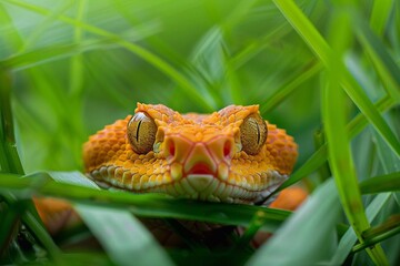 Close up of the yellow head of a snake in the green grass.