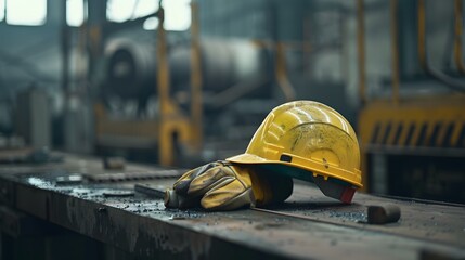 A yellow hard hat and gloves sitting on top of a metal table with machinery in the background, scrap metal on workbenches