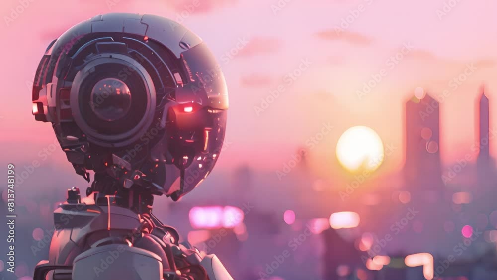 Poster A robot is positioned in front of a city skyline as the sun sets in the background, creating a dramatic and futuristic scene.