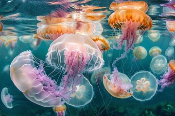 Colorful group of jellyfish swims in the sea. Jellyfish in the water.