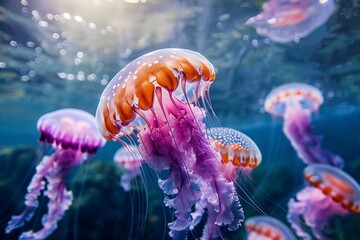 Beautiful jellyfish in the aquarium. Colorful jellyfish.