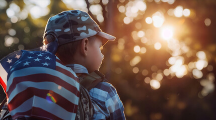 A boy with an american flag on his back.