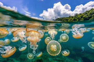 Jellyfish swimming underwater in a tropical lagoon, Seychelles