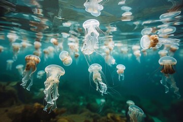 Jellyfish in the water. Underwater world. Jellyfish in the ocean.
