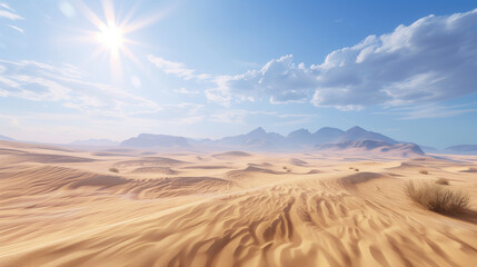 Fototapeta premium Expansive Desert Landscape with Rolling Sand Dunes and Bright Sunlight