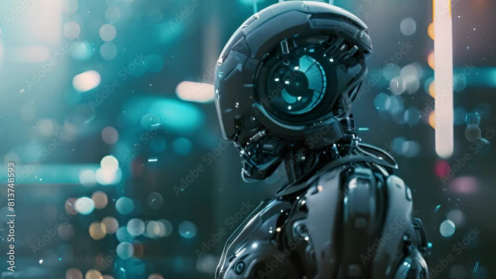 Aufkleber a cutting-edge robot is positioned in front of a modern urban landscape.