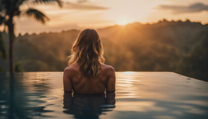 Portrait of woman in infinity pool in Bali, sunset view

