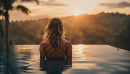 Fototapeta premium Portrait of woman in infinity pool in Bali, sunset view 