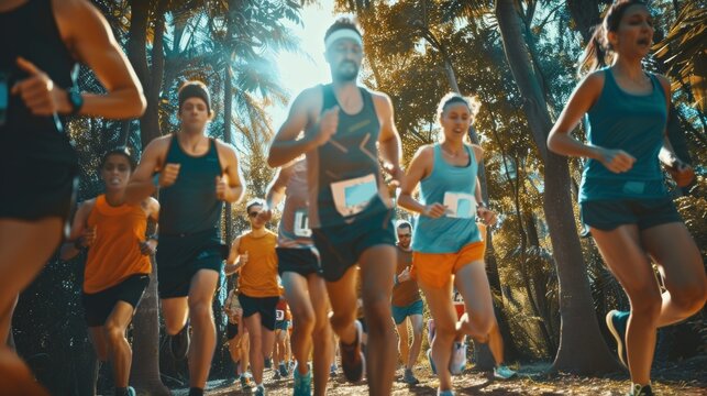 Joggers giving their best to achieve the finish line in a friendly race as they run a marathon together.