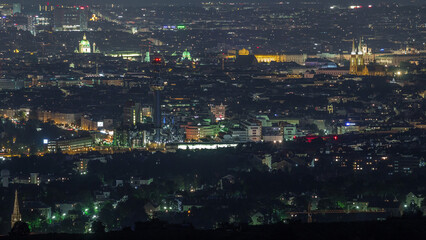 Skyline of Vienna from Danube Viewpoint Leopoldsberg aerial night timelapse.
