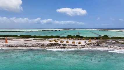 Red Slave Huts At Kralendijk Bonaire Netherlands Antilles. Aerial Beach Kralendijk Bonaire. Beach...
