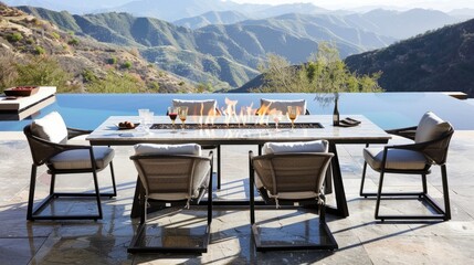 Fototapeta premium a high-end outdoor dining experience, featuring a luxurious marble-top table with an angled marble plinth base and a mesmerizing gas fire feature.