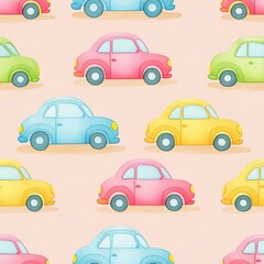 seamless pattern of little toy cars against pastel background; watercolor painting 