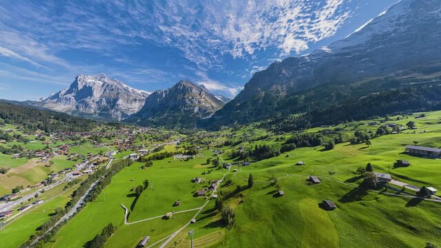 360 degrees seamless loopable aerial panorama of Grindelwald mountain village, Bernese Oberland, Switzerland.