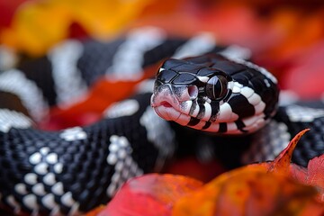 California Kingsnake: Slithering through fallen leaves with bold black and white bands, highlighting pattern.