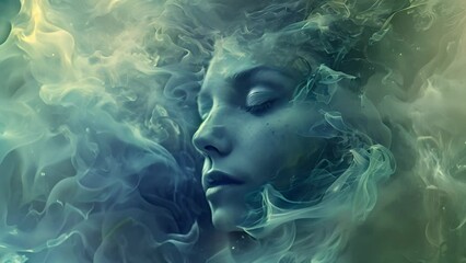 A serene womans face merges with swirling blue tones, evoking a dreamlike underwater scene.