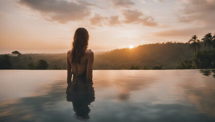 Portrait of woman in infinity pool in Bali, sunset view
