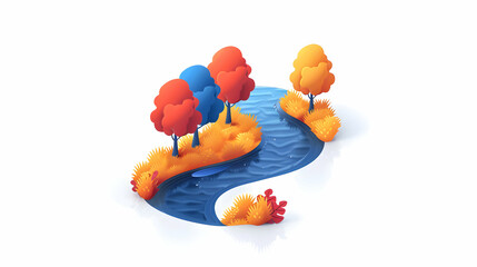 Autumn River Run: Tranquil Flow with Colorful Trees in Isometric Scene   Flat Design Icon Concept Reflecting Full Spectrum of Autumn Hues
