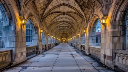 Obraz premium three levels of intricately carved corridors extend gracefully between two academic buildings, showcasing the meticulous craftsmanship and rigorousness of scholarly pursuit.
