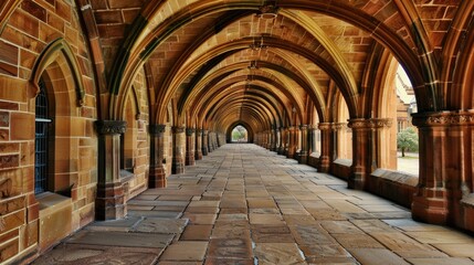 Obraz premium three levels of intricately carved corridors extend gracefully between two academic buildings, showcasing the meticulous craftsmanship and rigorousness of scholarly pursuit.