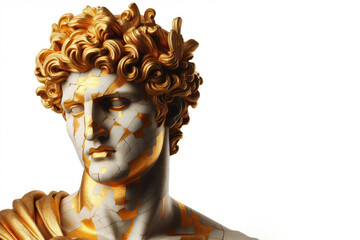 Greek statue depicting a portrait of a man covered in gold and marble isolated on white background