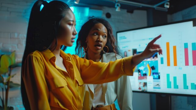 Two creative colleagues point at a television with financial graphs and charts in the office. An Asian CEO consults a black marketing manager. Two women brainstorm.