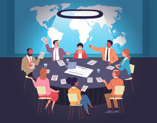 Negotiation table. Political meeting or board of directors in corporate boardroom, government council discuss global diplomacy international conference, classy vector illustration