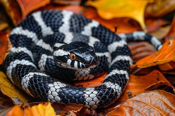 Fototapeta premium California Kingsnake: Slithering through fallen leaves with bold black and white bands, highlighting pattern.