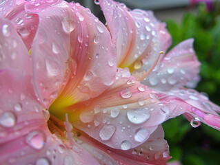 Vibrant flower petals glisten with raindrops, captured in raw style with bright colors and detail.