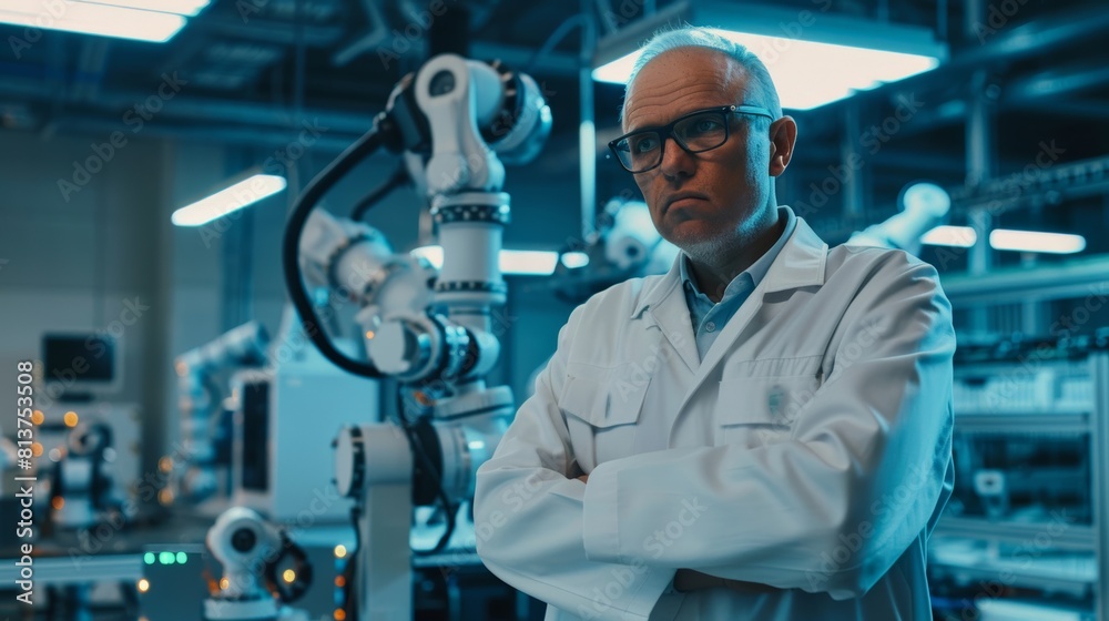 Poster monitoring and analyzing conditions at a modern electronics factory with automated robots working wi